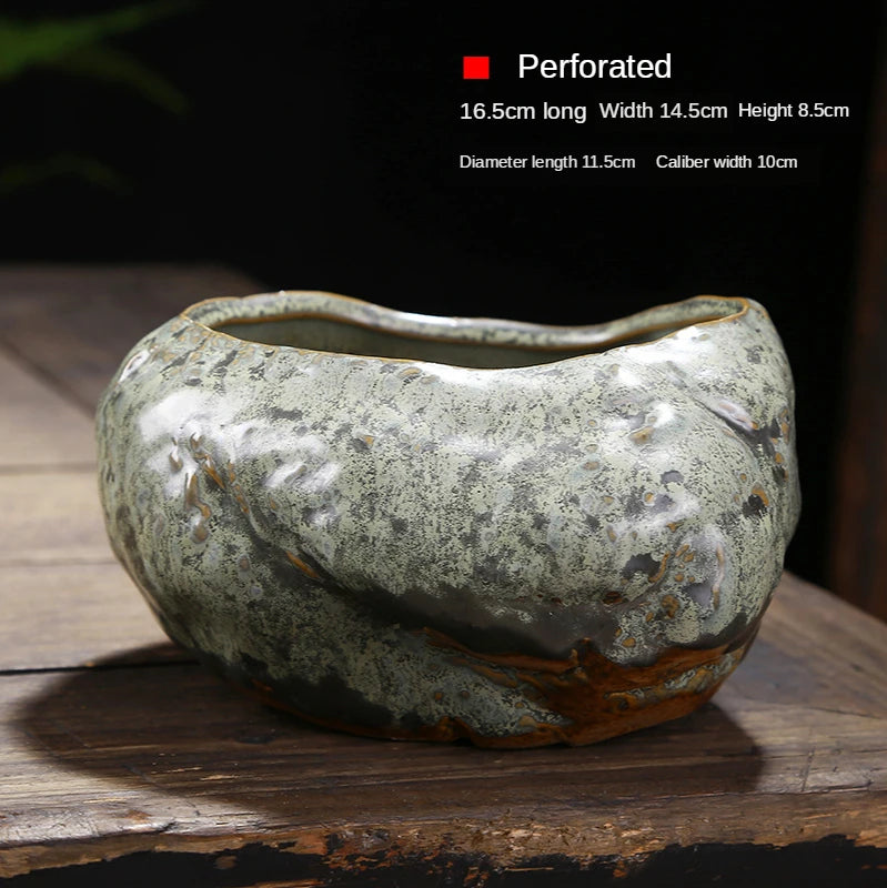 Retro ceramic small flower pot creative desktop home succulent green plant Wenzhu potted utensils Chinese garden handmade