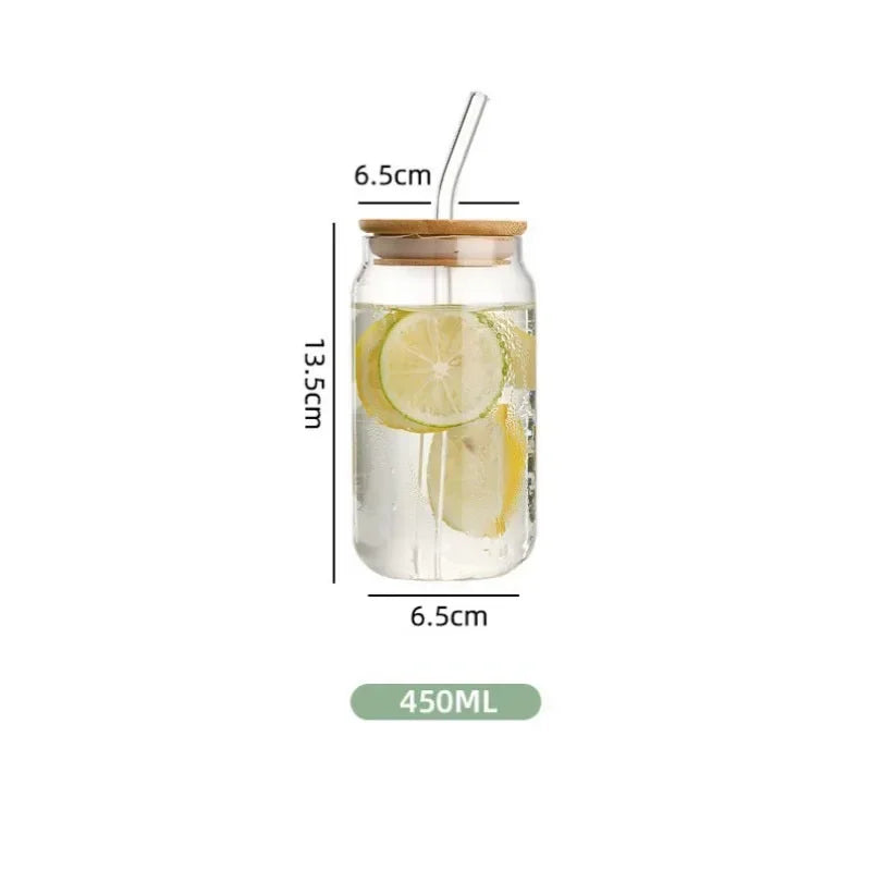 Glass Straw Cup with Dustproof Wooden Lid Heat-resisting Transparent Glass Bottle Breakfast Cola Milk Drinking Cups Holiday Gift