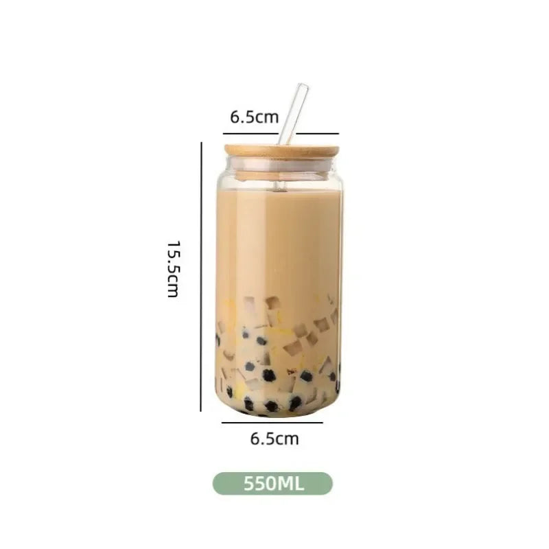 Glass Straw Cup with Dustproof Wooden Lid Heat-resisting Transparent Glass Bottle Breakfast Cola Milk Drinking Cups Holiday Gift