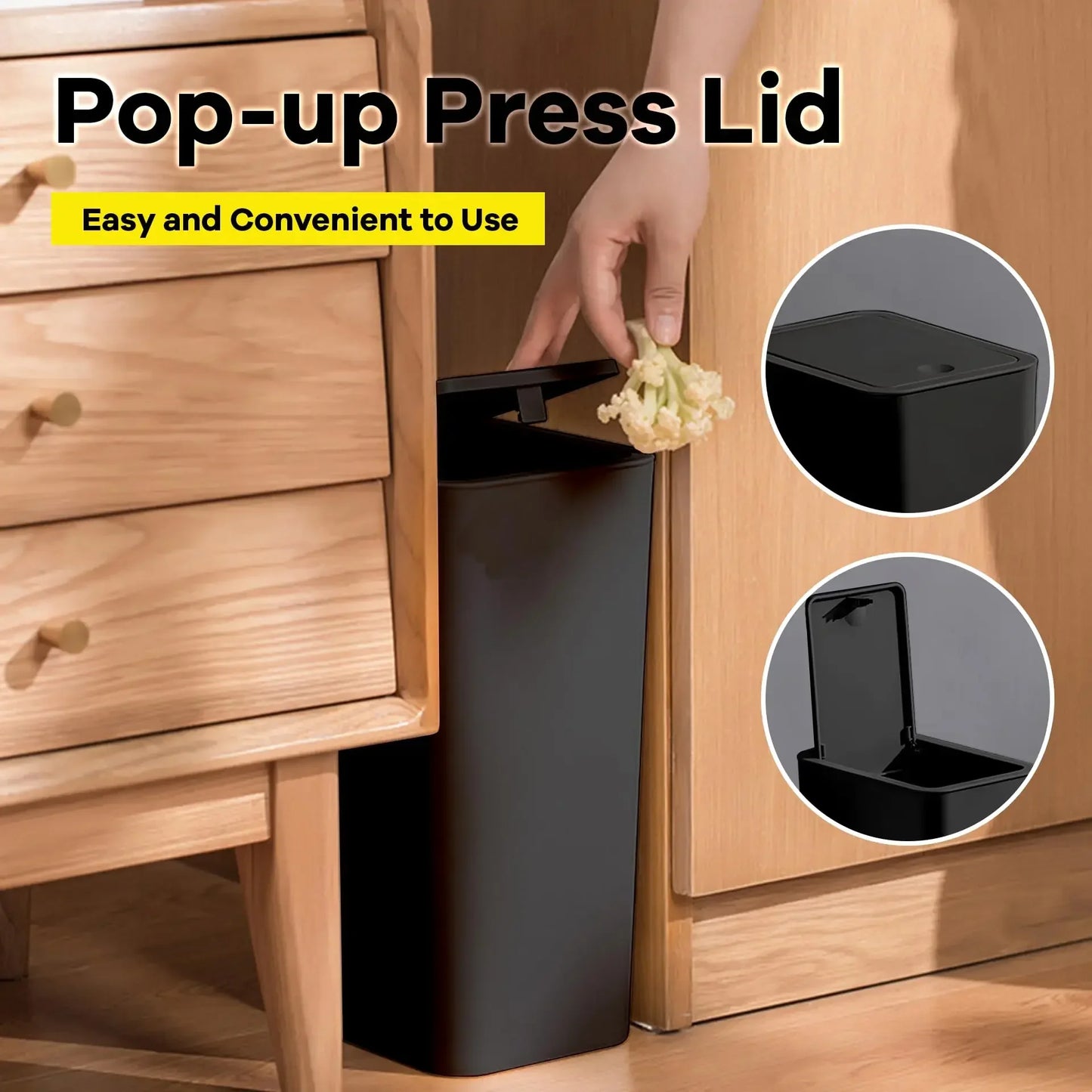 Small Trash Can 10L Press Lid Bathroom Bedroom Living Room, Pop-up Cover Plastic Waste Bin, Compact Trash Bin for Home Office