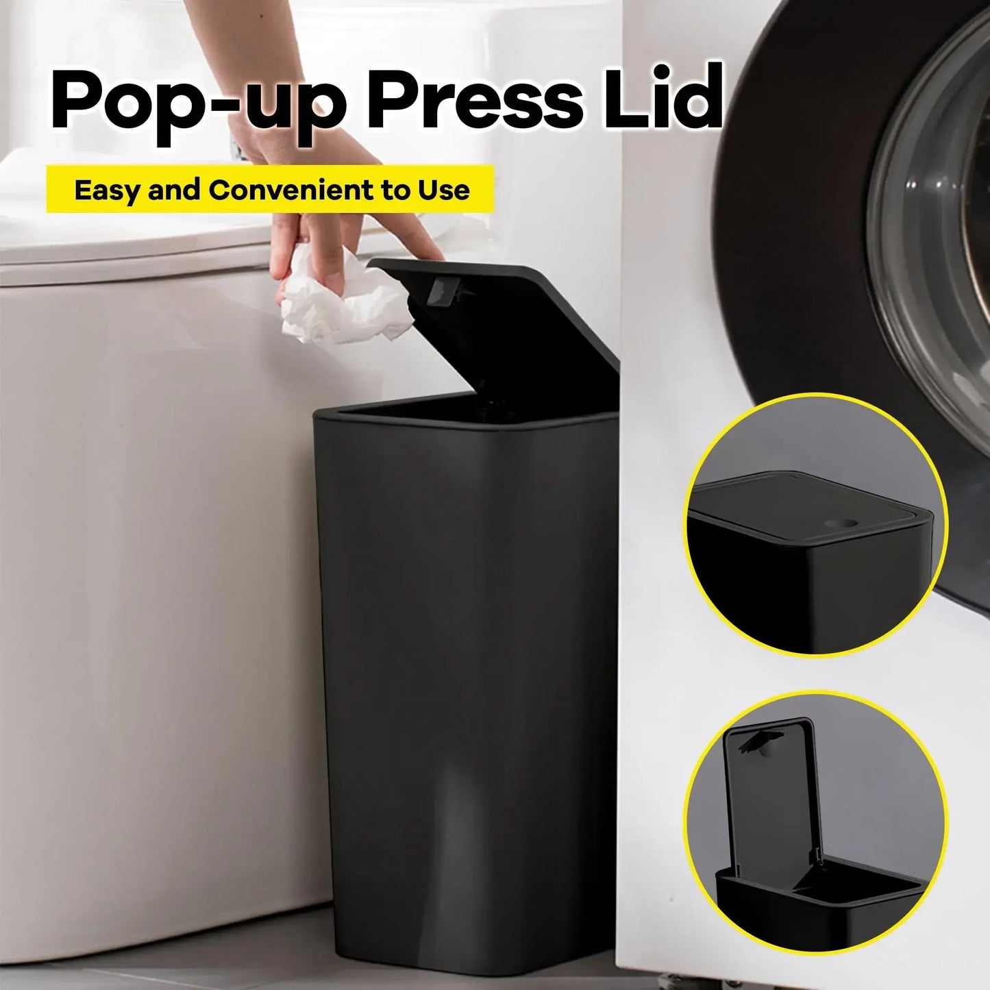 Small Trash Can 10L Press Lid Bathroom Bedroom Living Room, Pop-up Cover Plastic Waste Bin, Compact Trash Bin for Home Office