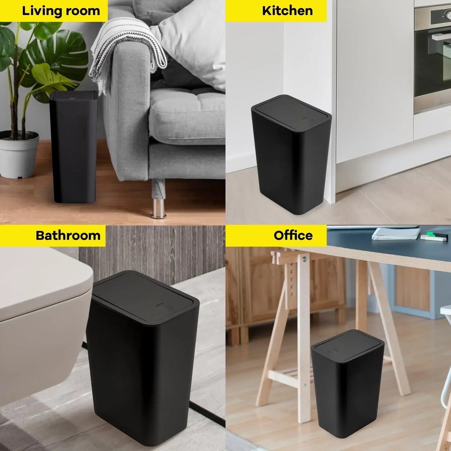Small Trash Can 10L Press Lid Bathroom Bedroom Living Room, Pop-up Cover Plastic Waste Bin, Compact Trash Bin for Home Office