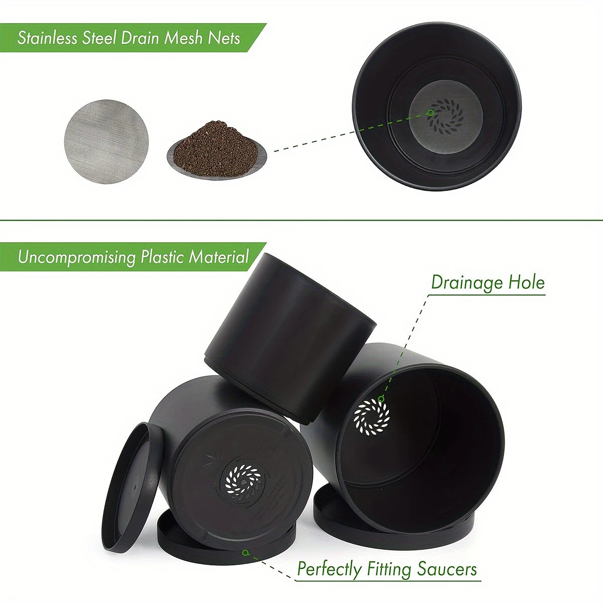 Set of 3 Plastic Planter Pots,6/5/4 Inch Plastic Planter Pots for Plants with Drainage Hole and Seamless Saucers