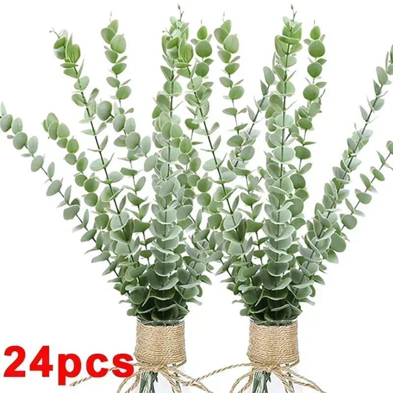12/36pcs Green Artificial Eucalyptus Stems Fake Plants Eucalyptus Leaves Branches Flower Bouquet Wedding Christmas Party Decor