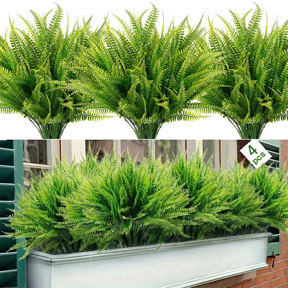 4 Bundles Artificial Plants Fake Boston Ferns Bushes Faux Shrubs Greenery UV Resistant Plant for Home Garden Outdoor Yard Decor