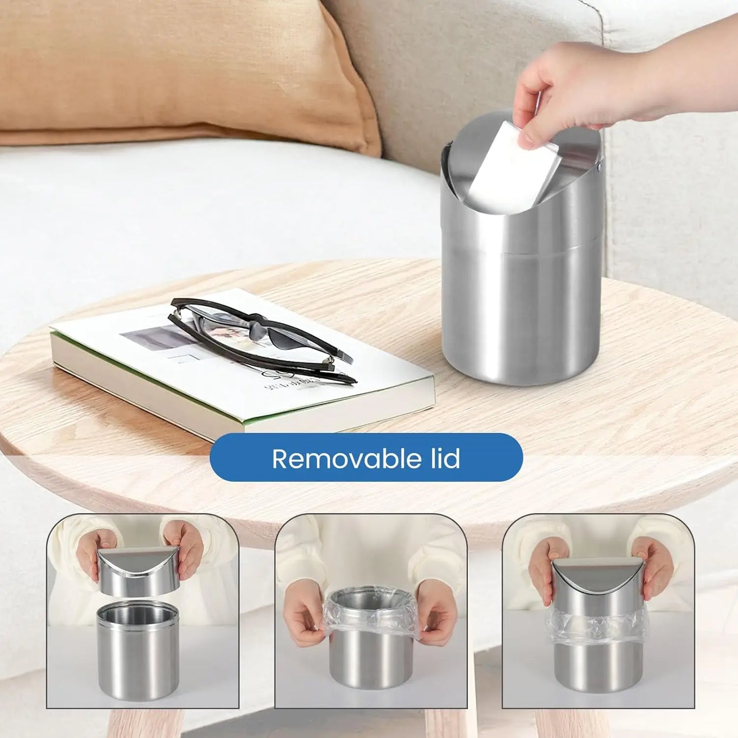 Mini Trash Can with Lid, Garbage Bin Brushed Stainless Steel Desk Trash Can for Bathroom, Office, Kitchen, Coffee Table