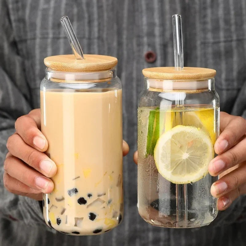 Glass Straw Cup with Dustproof Wooden Lid Heat-resisting Transparent Glass Bottle Breakfast Cola Milk Drinking Cups Holiday Gift
