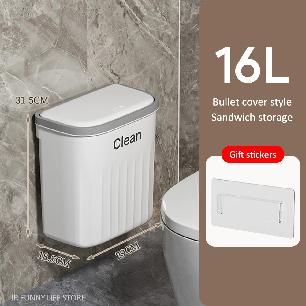 12/16L Press Type Wall Mounted Trash Can For Bathroom Toilet Garbage Bucket With Lid Kitchen Recycling Bin Hanging Wastebasket