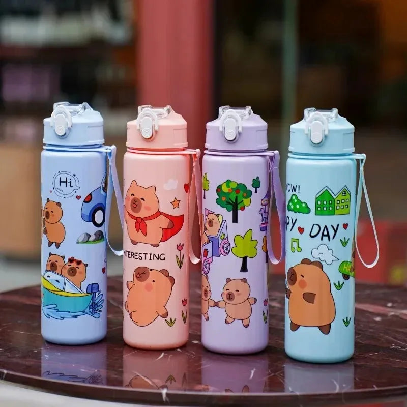 1/2/4PCS 750ml Capybara Straw Mug Cute Kids Water Bottle with Adjustable Strap Portable Cartoon Design School Student Drinkware