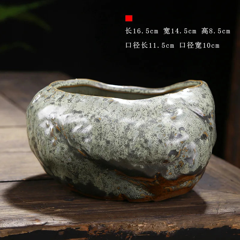 Retro ceramic small flower pot creative desktop home succulent green plant Wenzhu potted utensils Chinese garden handmade
