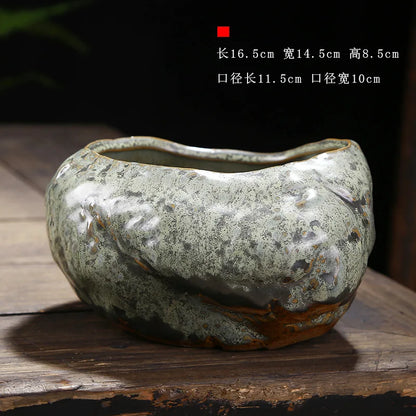 Retro ceramic small flower pot creative desktop home succulent green plant Wenzhu potted utensils Chinese garden handmade
