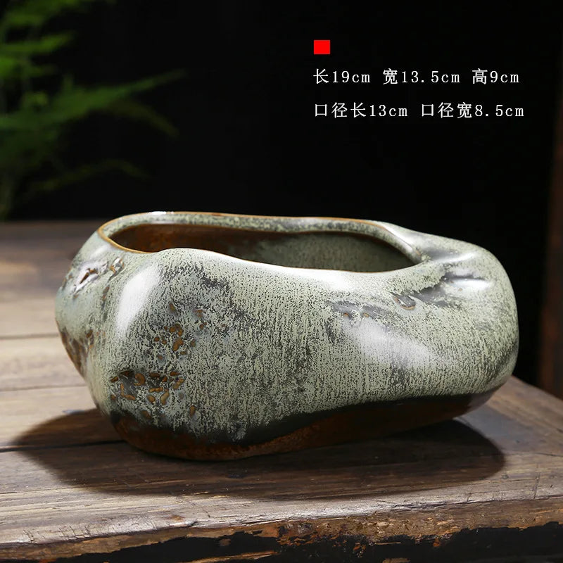 Retro ceramic small flower pot creative desktop home succulent green plant Wenzhu potted utensils Chinese garden handmade