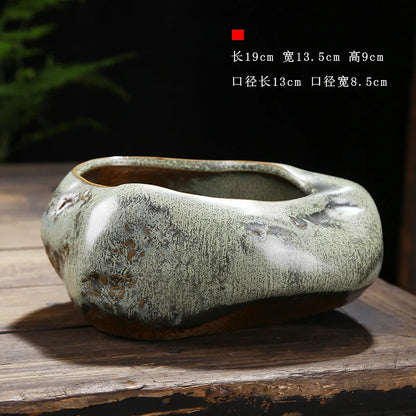 Retro ceramic small flower pot creative desktop home succulent green plant Wenzhu potted utensils Chinese garden handmade