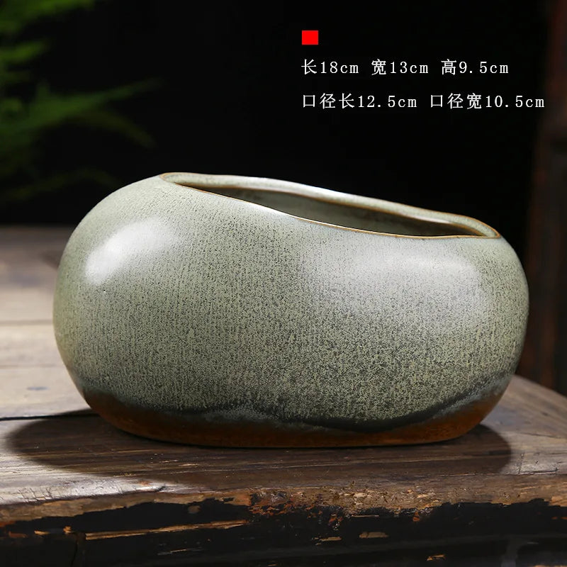 Retro ceramic small flower pot creative desktop home succulent green plant Wenzhu potted utensils Chinese garden handmade