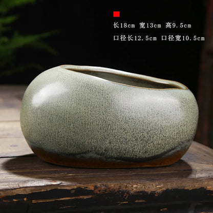 Retro ceramic small flower pot creative desktop home succulent green plant Wenzhu potted utensils Chinese garden handmade