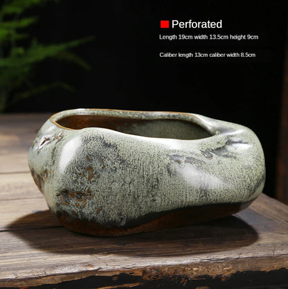 Retro ceramic small flower pot creative desktop home succulent green plant Wenzhu potted utensils Chinese garden handmade