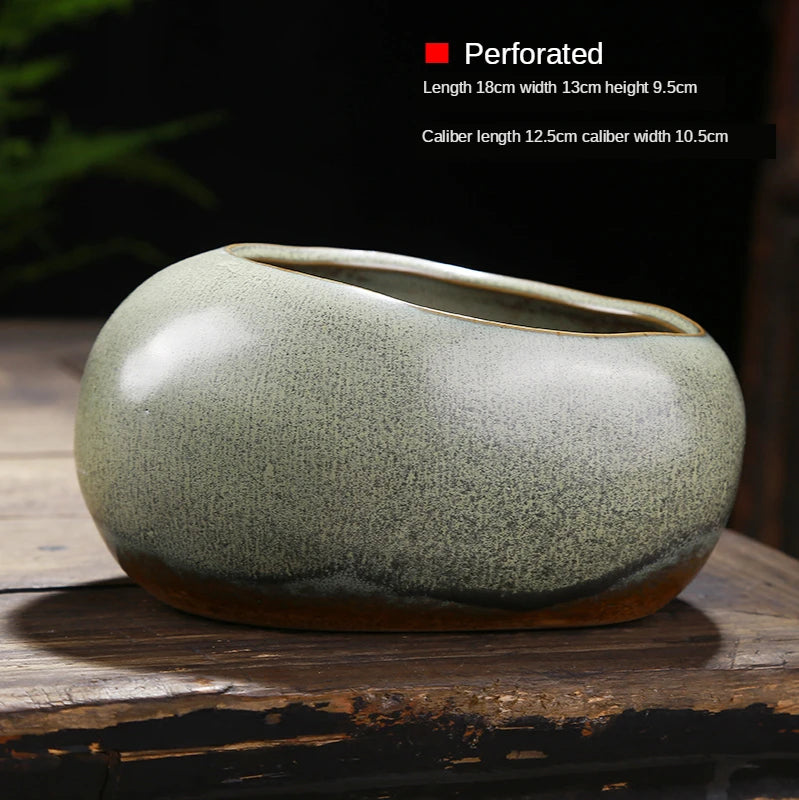 Retro ceramic small flower pot creative desktop home succulent green plant Wenzhu potted utensils Chinese garden handmade
