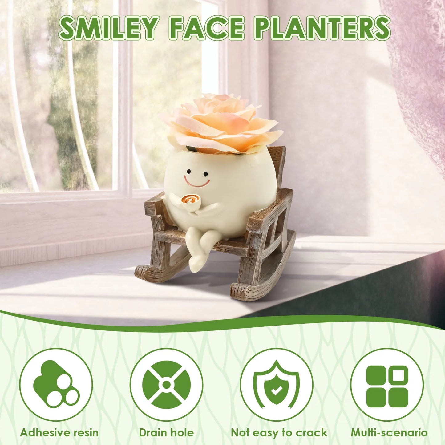 Resin Smile Face Planter for Indoor Plant Unique Rocking Chair Plant Pot with Drainage Hole Funny Small Pot for Indoor Outdoor