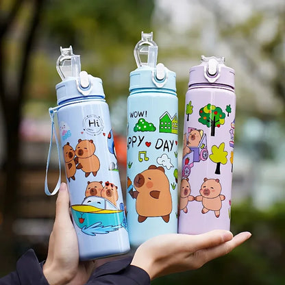 1/2/4PCS 750ml Capybara Straw Mug Cute Kids Water Bottle with Adjustable Strap Portable Cartoon Design School Student Drinkware