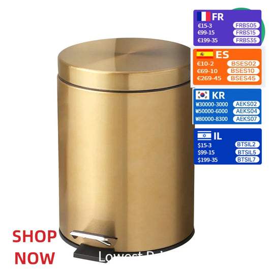Modern 5L Stainless Steel Champagne Silent Hotel Bathroom Dust Bin and Kitchen Household Metal Waterproof Garbage Can Gold Foot