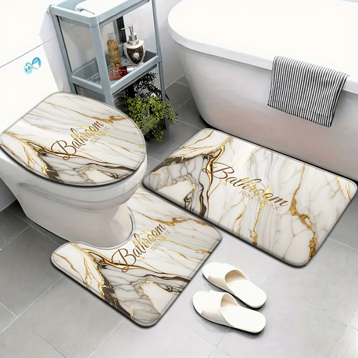 3 Piece Gold Marble Bathroom Set - Non-slip Toilet Seat + U-Shaped Mat, Luxury White Marble Pattern Bathroom Decor