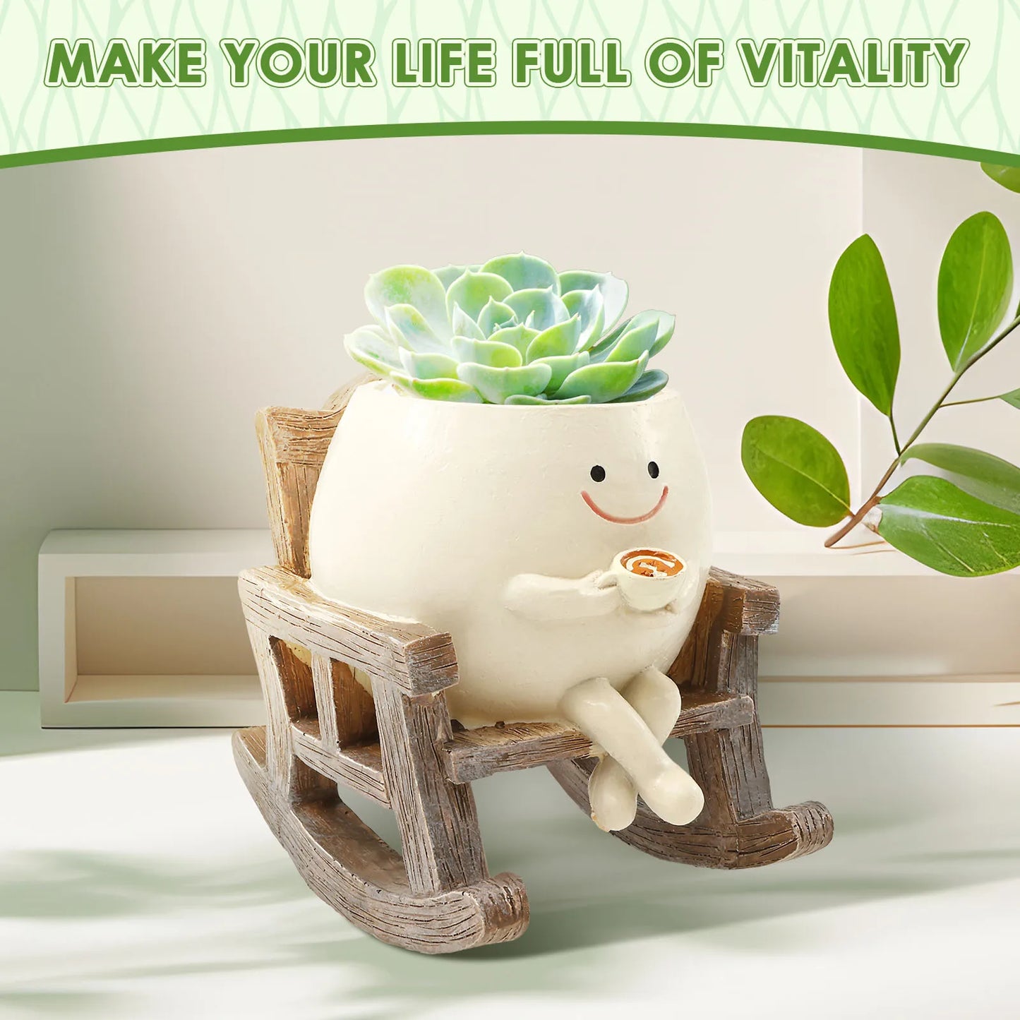 Resin Smile Face Planter for Indoor Plant Unique Rocking Chair Plant Pot with Drainage Hole Funny Small Pot for Indoor Outdoor