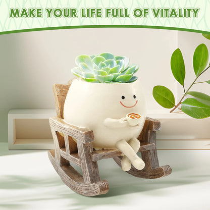 Resin Smile Face Planter for Indoor Plant Unique Rocking Chair Plant Pot with Drainage Hole Funny Small Pot for Indoor Outdoor