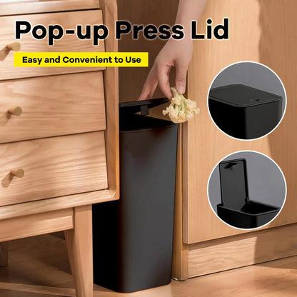 Small Trash Can 10L Press Lid Bathroom Bedroom Living Room, Pop-up Cover Plastic Waste Bin, Compact Trash Bin for Home Office