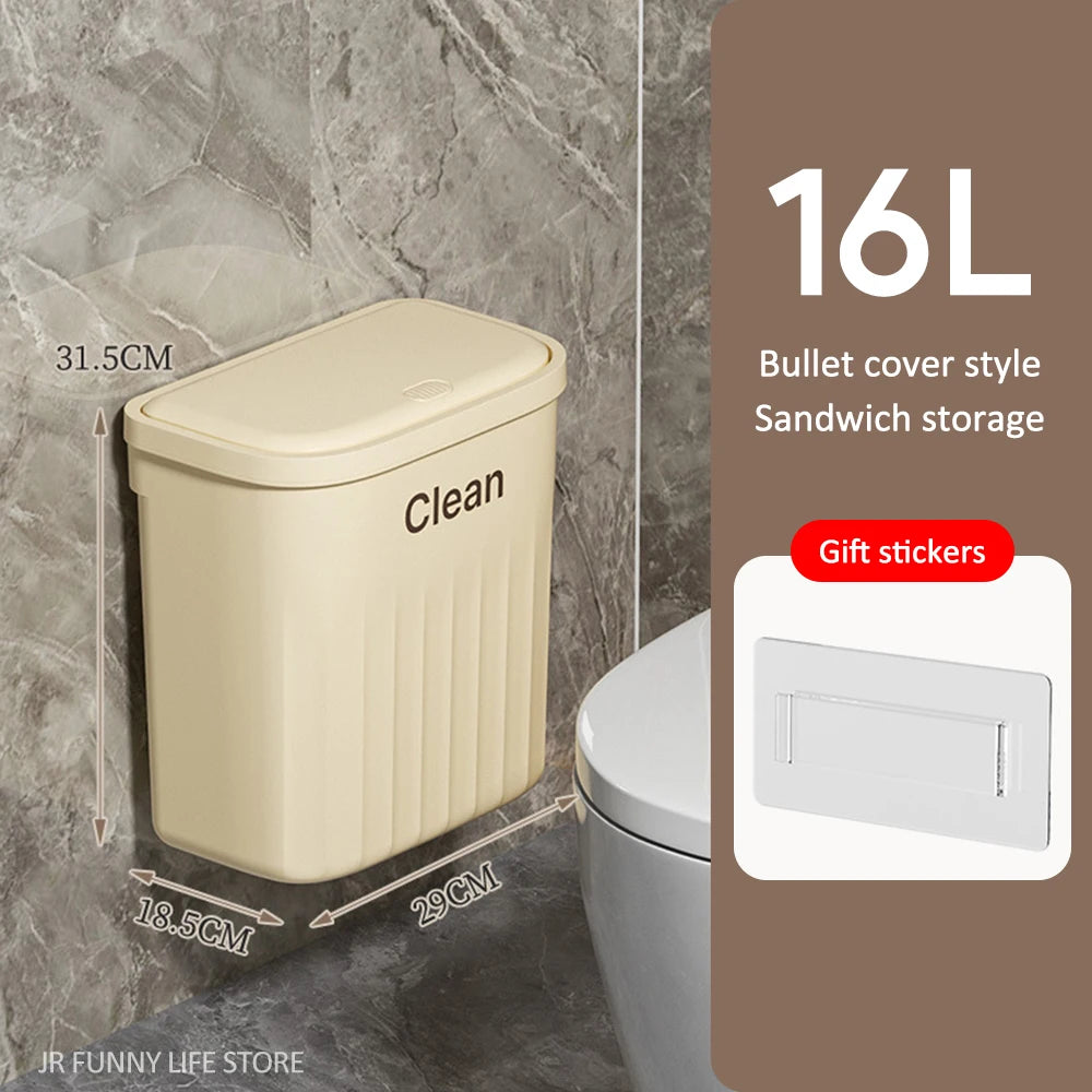 12/16L Press Type Wall Mounted Trash Can For Bathroom Toilet Garbage Bucket With Lid Kitchen Recycling Bin Hanging Wastebasket