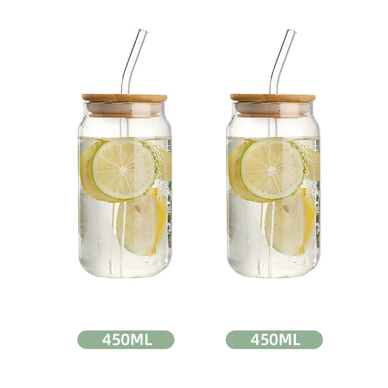 Glass Straw Cup with Dustproof Wooden Lid Heat-resisting Transparent Glass Bottle Breakfast Cola Milk Drinking Cups Holiday Gift