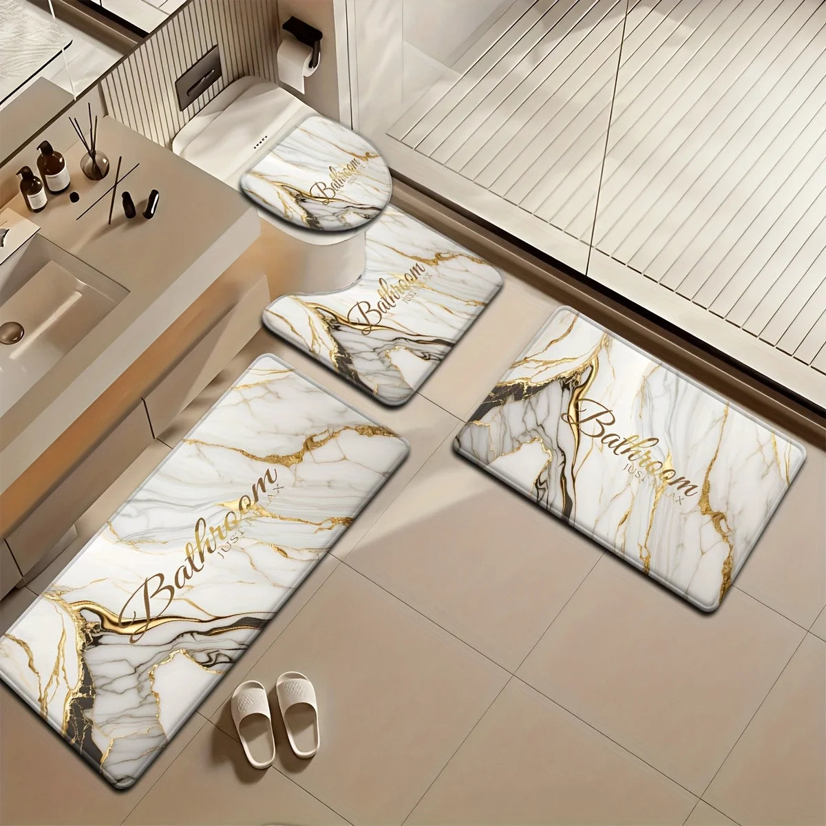 3 Piece Gold Marble Bathroom Set - Non-slip Toilet Seat + U-Shaped Mat, Luxury White Marble Pattern Bathroom Decor