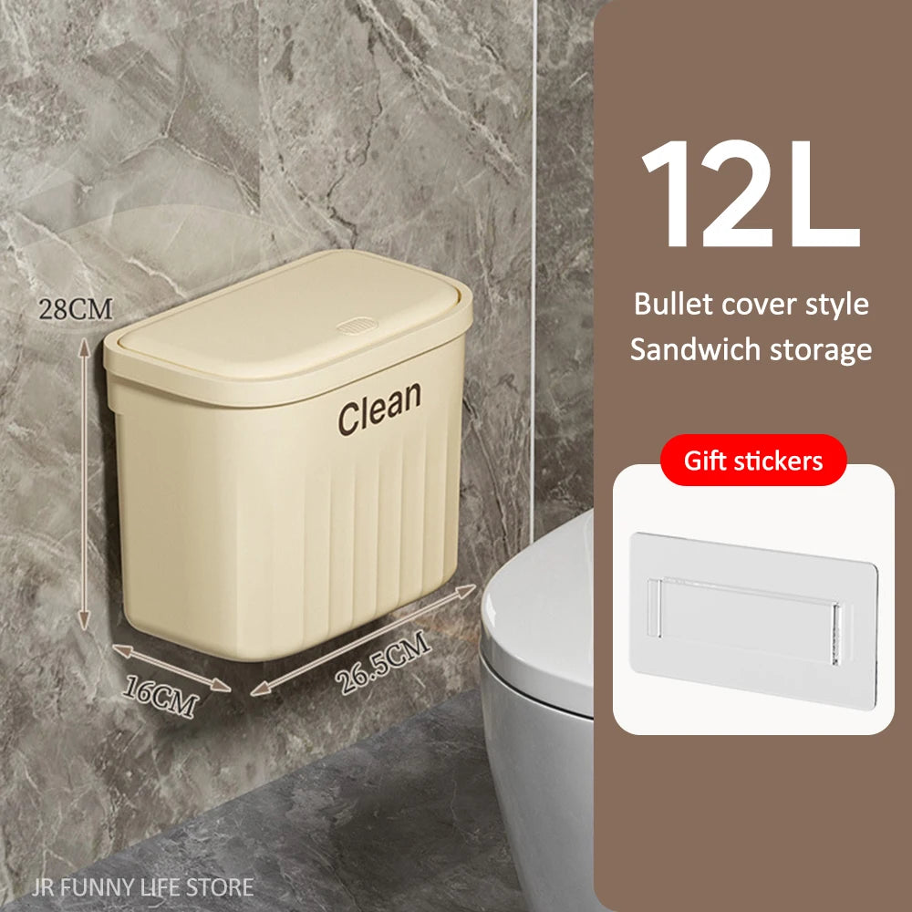 12/16L Press Type Wall Mounted Trash Can For Bathroom Toilet Garbage Bucket With Lid Kitchen Recycling Bin Hanging Wastebasket