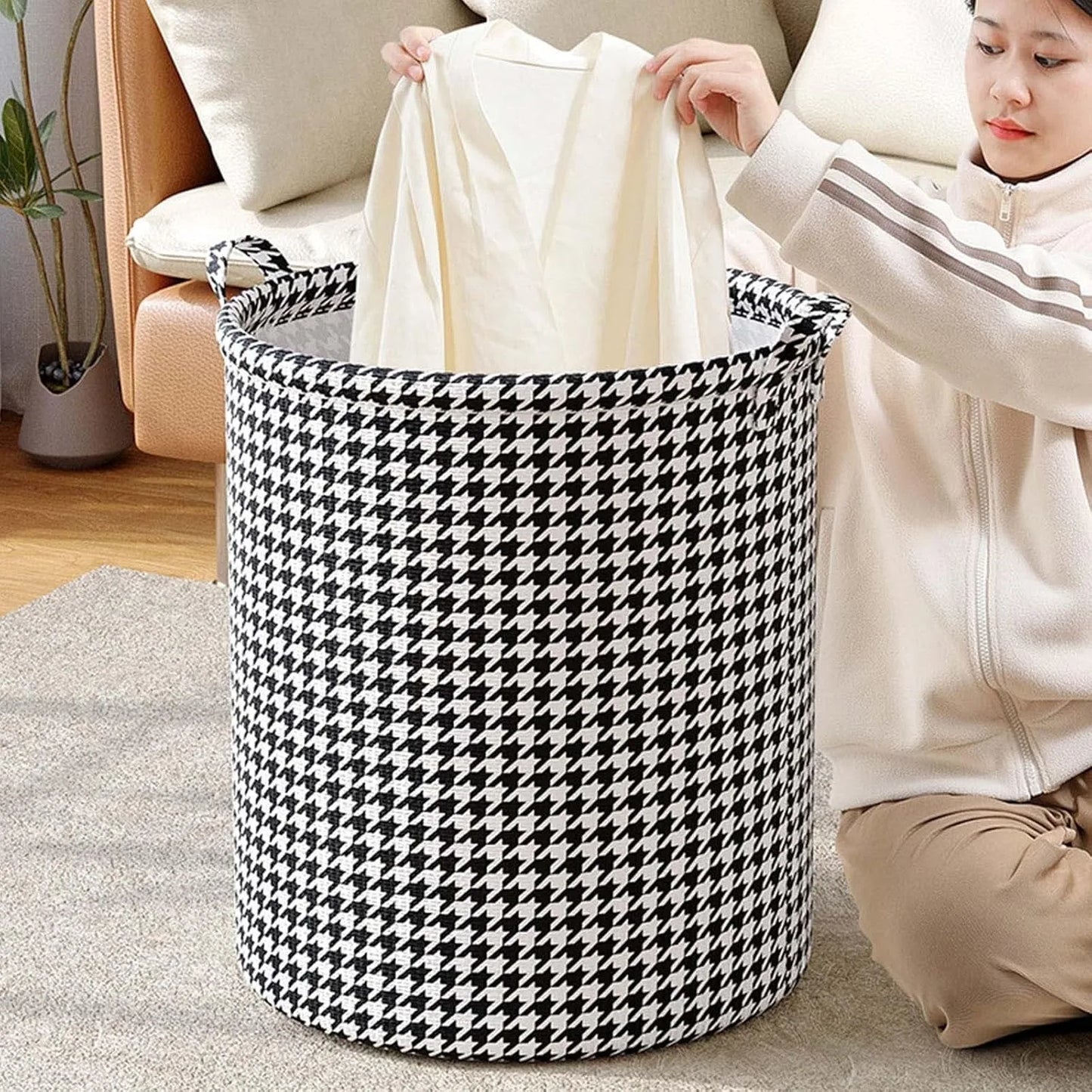 Laundry Basket with Handles,Houndstooth Blanket Storage Basket,Foldable Bedroom Hamper,Dirty Clothes Toys Hamper for Living Room