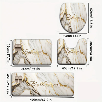 3 Piece Gold Marble Bathroom Set - Non-slip Toilet Seat + U-Shaped Mat, Luxury White Marble Pattern Bathroom Decor
