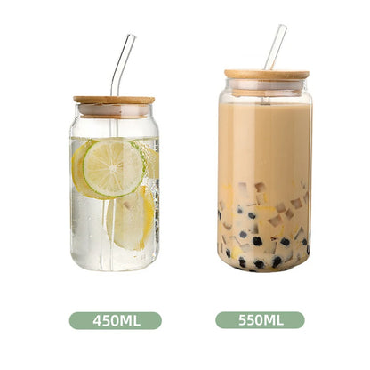 Glass Straw Cup with Dustproof Wooden Lid Heat-resisting Transparent Glass Bottle Breakfast Cola Milk Drinking Cups Holiday Gift