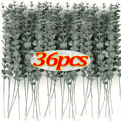 12/36pcs Green Artificial Eucalyptus Stems Fake Plants Eucalyptus Leaves Branches Flower Bouquet Wedding Christmas Party Decor