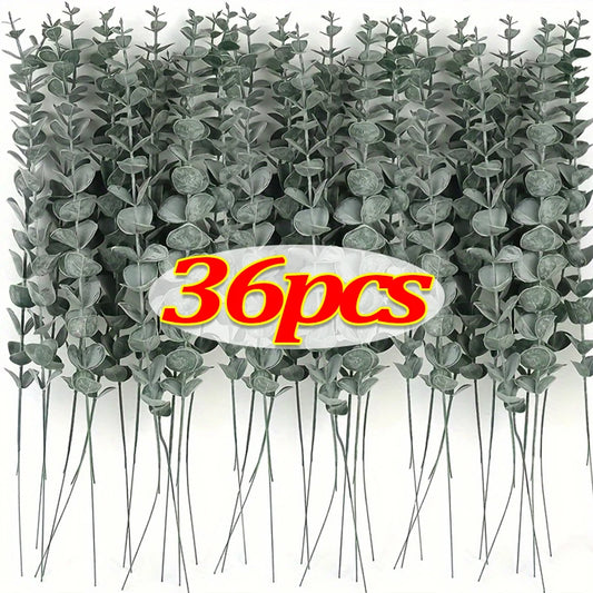 12/36pcs Green Artificial Eucalyptus Stems Fake Plants Eucalyptus Leaves Branches Flower Bouquet Wedding Christmas Party Decor