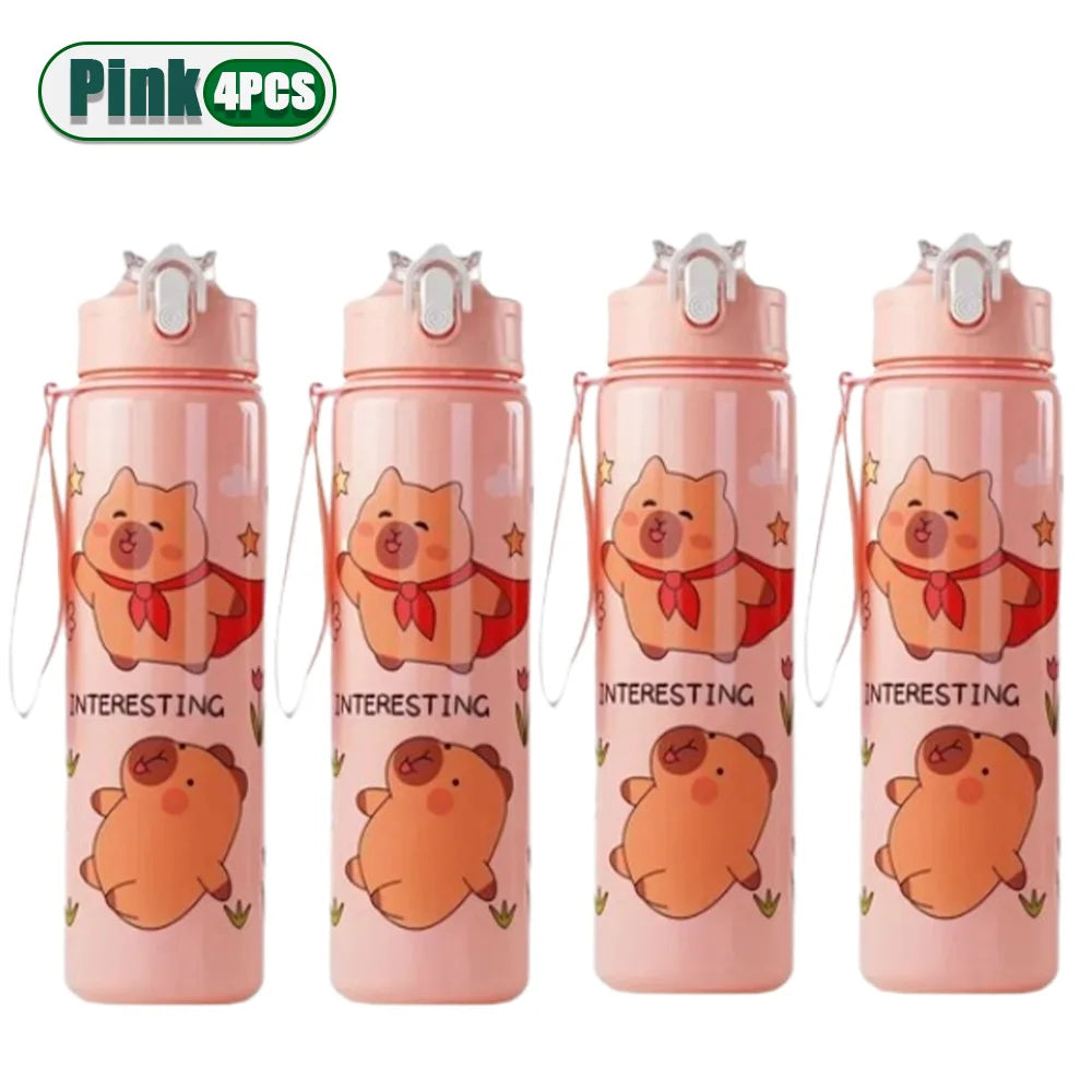 1/2/4PCS 750ml Capybara Straw Mug Cute Kids Water Bottle with Adjustable Strap Portable Cartoon Design School Student Drinkware