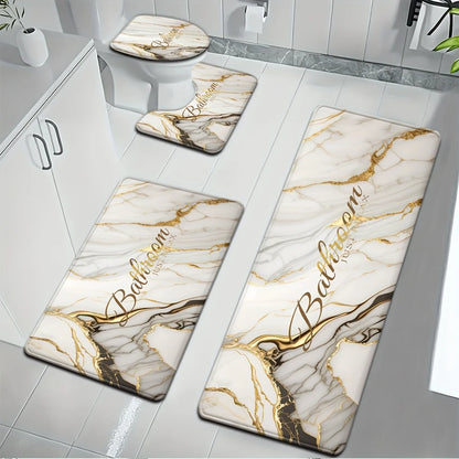 3 Piece Gold Marble Bathroom Set - Non-slip Toilet Seat + U-Shaped Mat, Luxury White Marble Pattern Bathroom Decor
