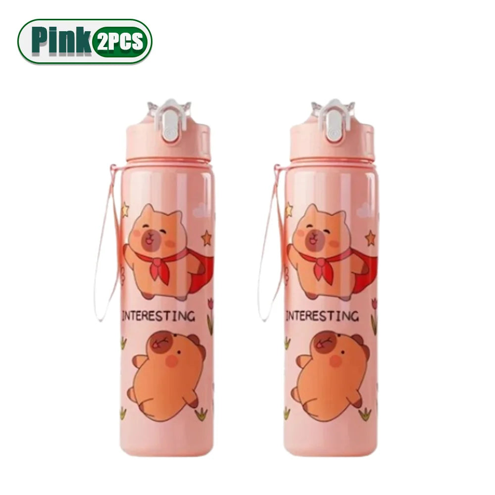 1/2/4PCS 750ml Capybara Straw Mug Cute Kids Water Bottle with Adjustable Strap Portable Cartoon Design School Student Drinkware